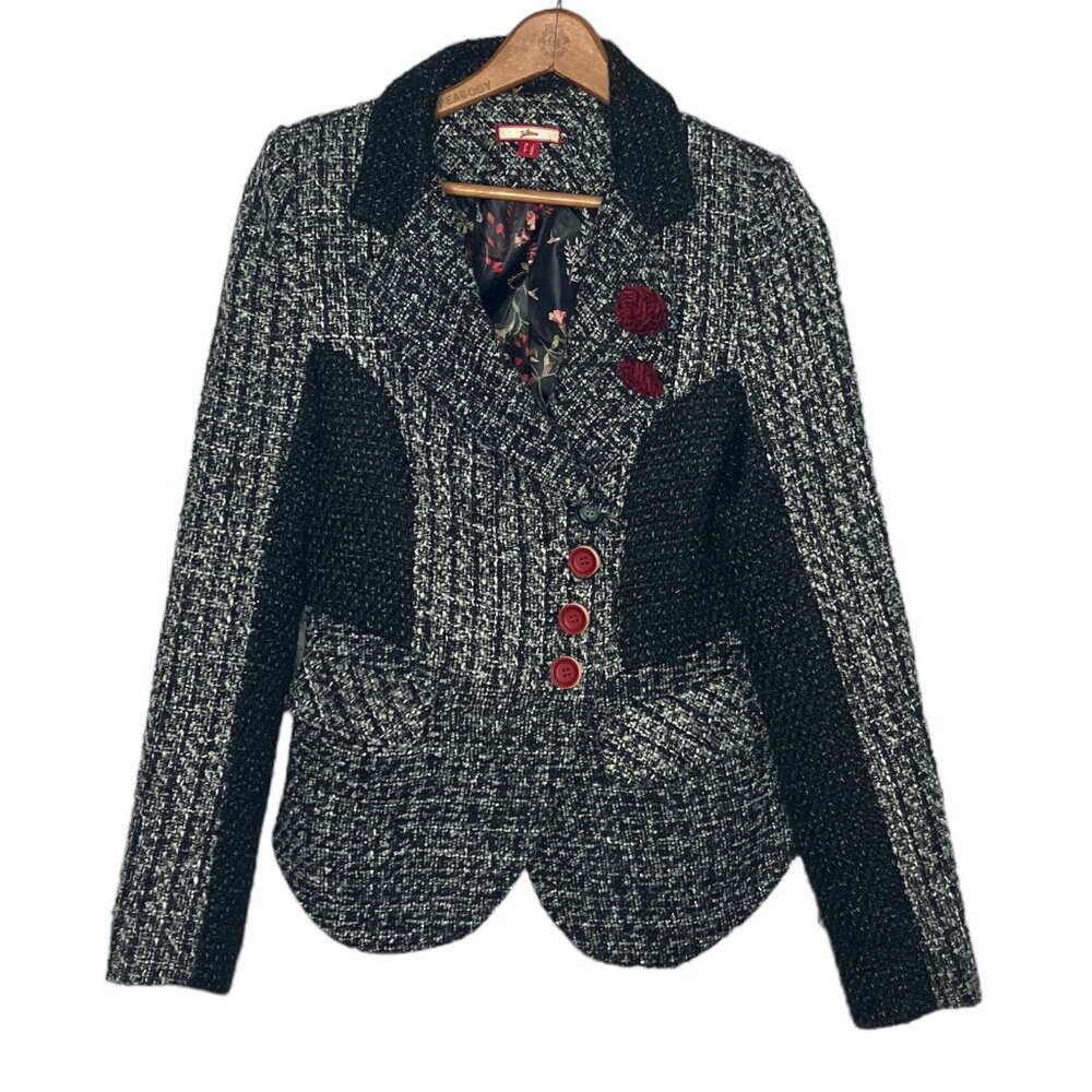 ModCloth X Joe Browns US‎ 4 UK 8 Black Red Eclectic Academic Tweed Blazer Jacket